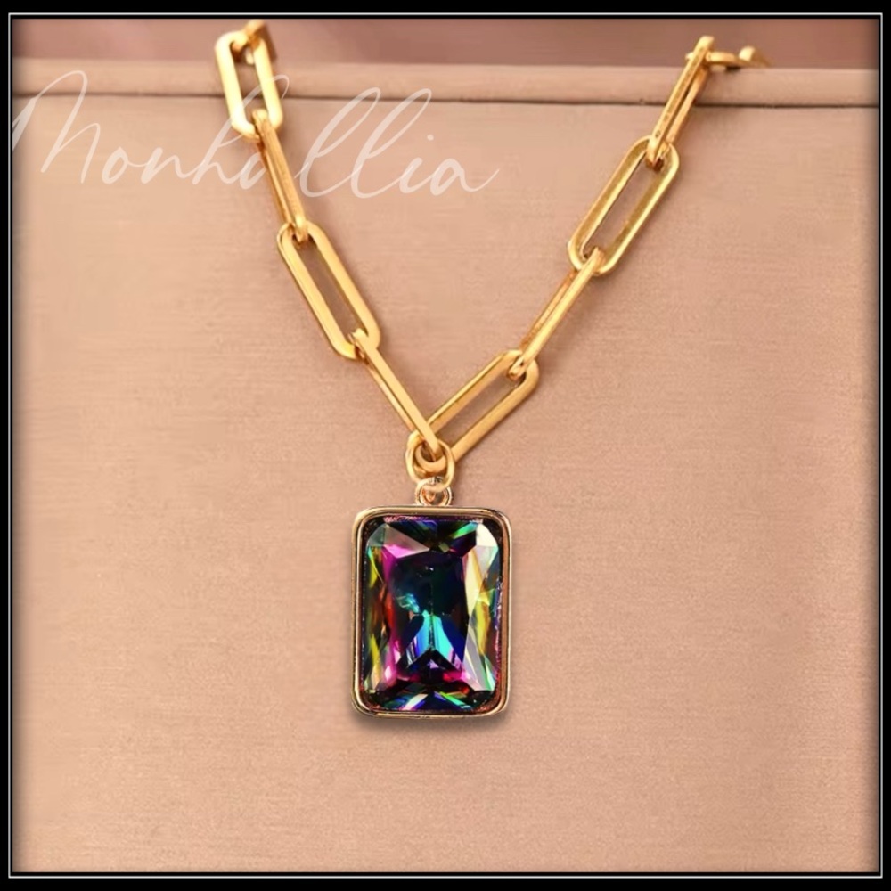 NEW 14K GOLD PAPERCLIP CRYSTAL PRISM STONE HANG CUSTOM PENDANT NECKLACE - Picture 3 of 7